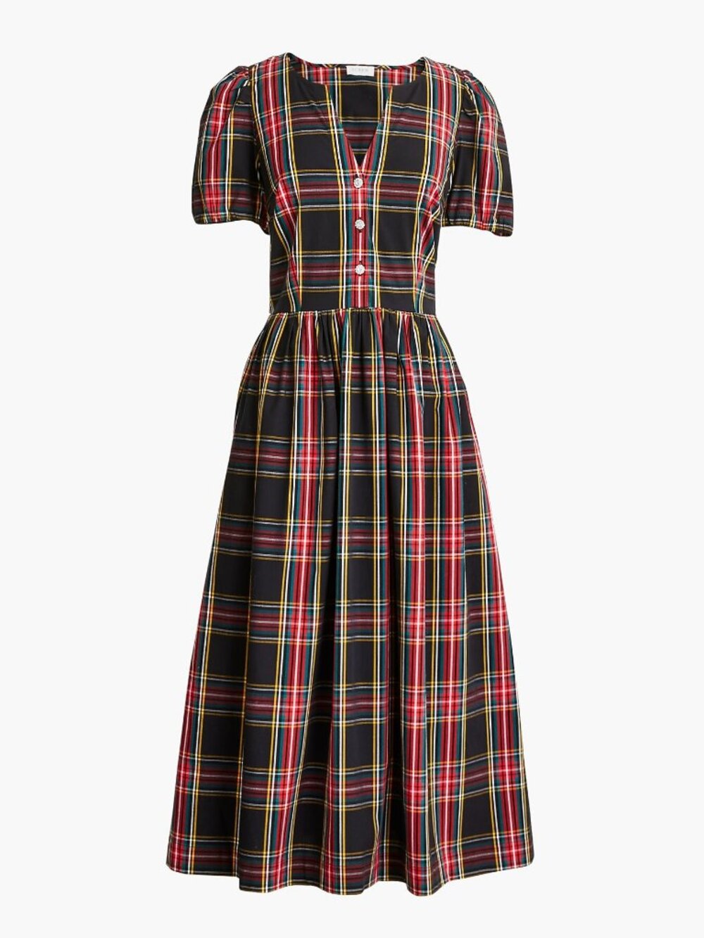 J.Crew Factory Stewart Tartan Puff-Sleeve Midi Dress with Jeweled Buttons Size 6
